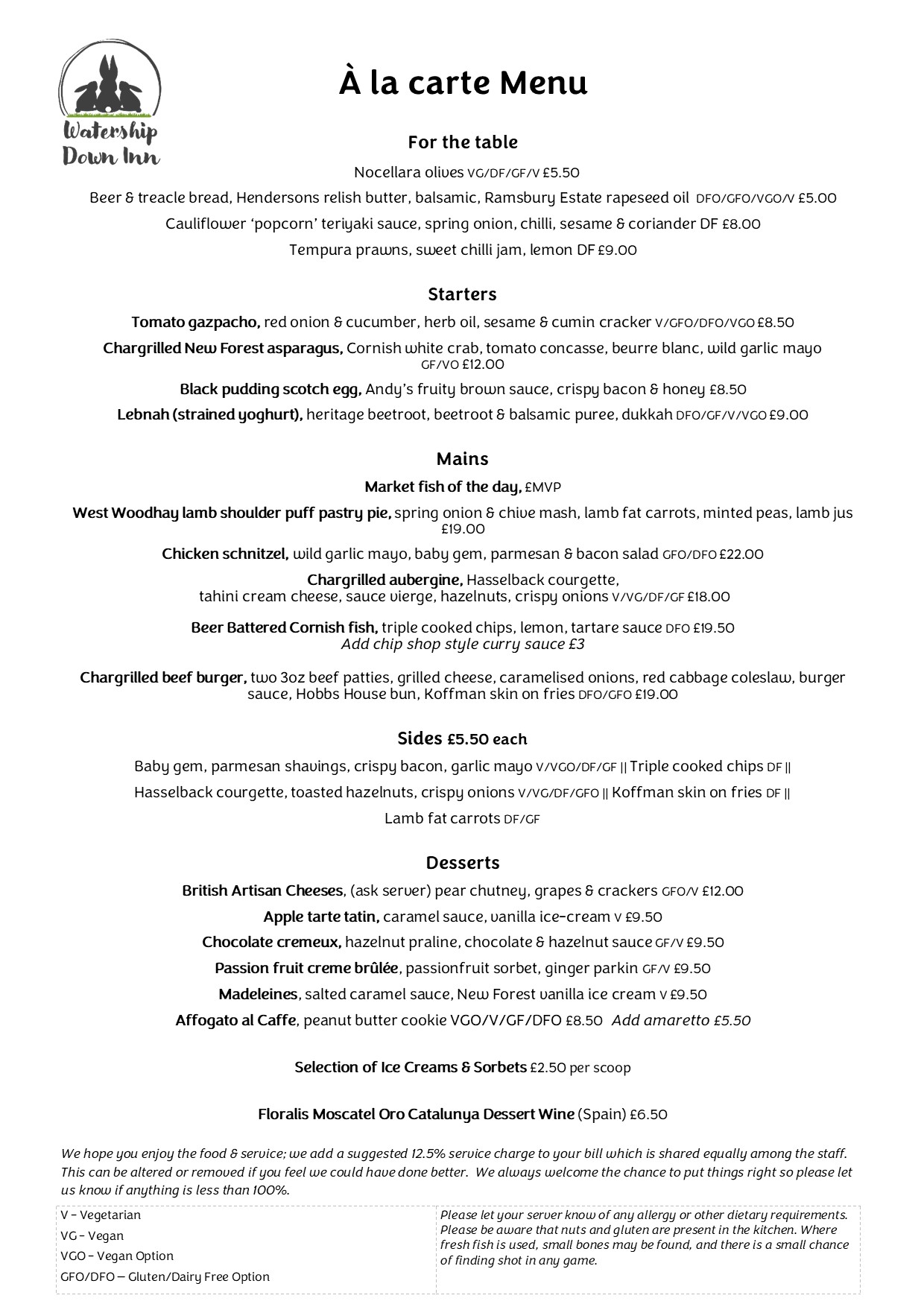 À la carte menu